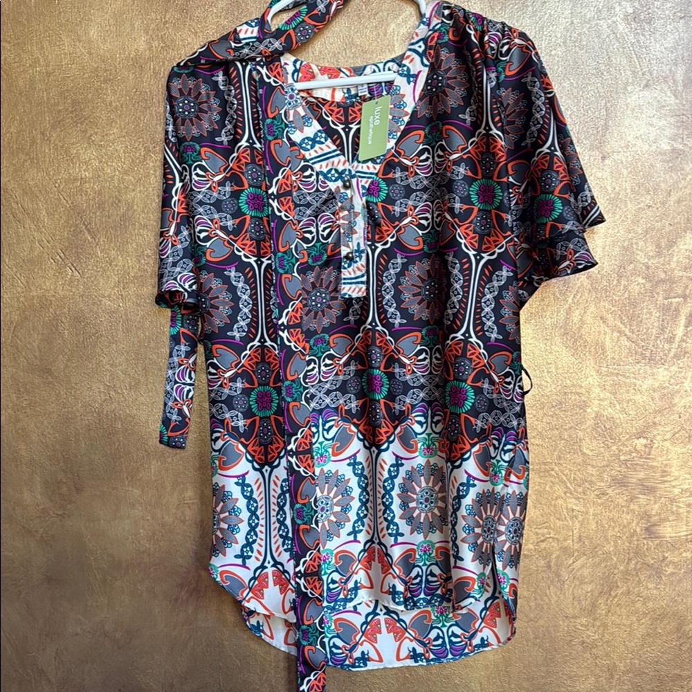 Bold Blue and Red Graphic Tie Front Blouse